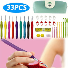 33pcs Crochet Hook Knitting Needle Tool Set Soft Handle Ergonomic Needles