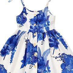 Girls Floral Print Summer Party Dress Lace Up Straps Cami Dress
