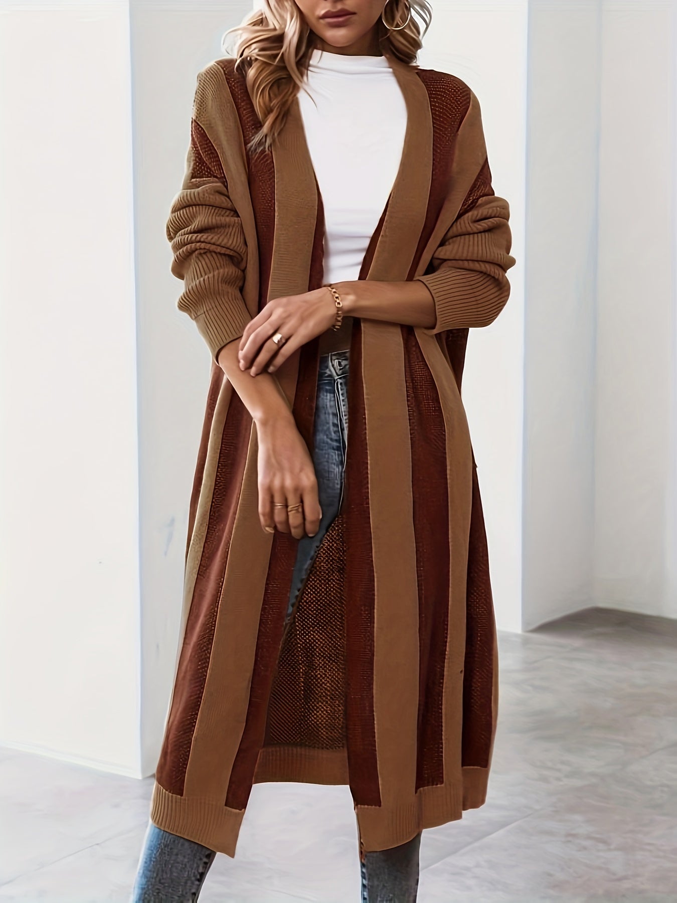 Colorblock Open Front Long Cardigan