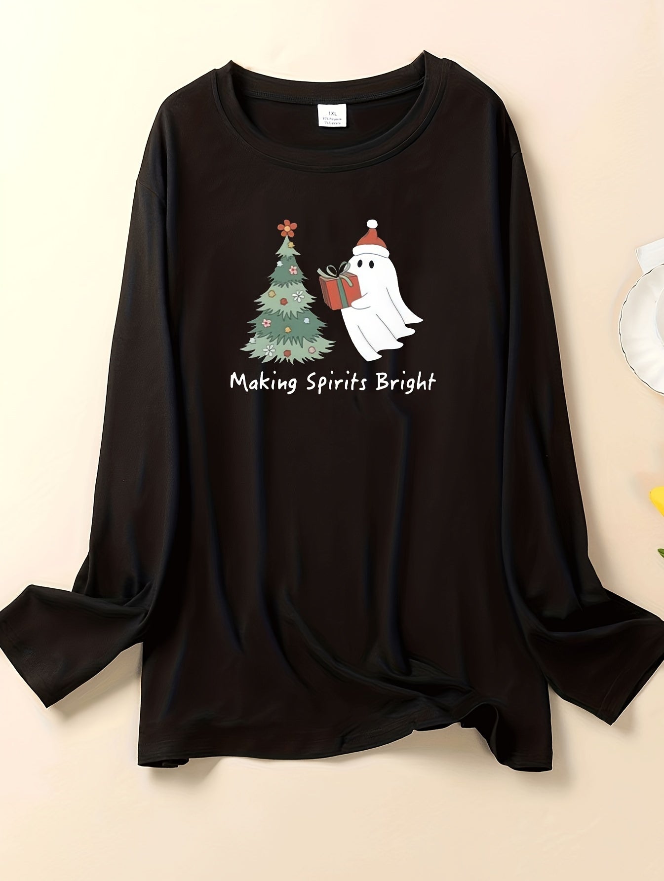 Women's Plus Christmas Lounge Top Long Sleeve Round Neck Sleepwear Tee