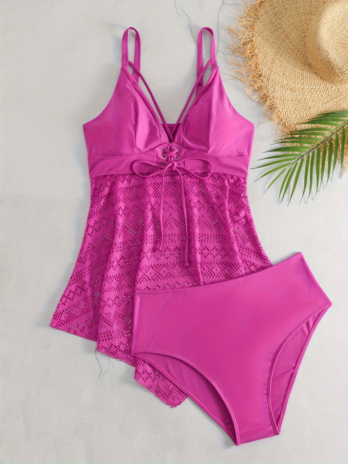Eyelet Lace V Neck Tankini & Panty Swimsuit Set