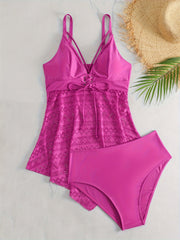 Eyelet Lace V Neck Tankini & Panty Swimsuit Set