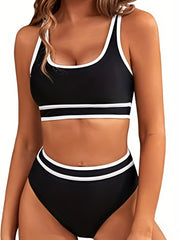 High Waist 2-Piece Bikini Set Contrast Trim Scoop Neck Swimsuit
