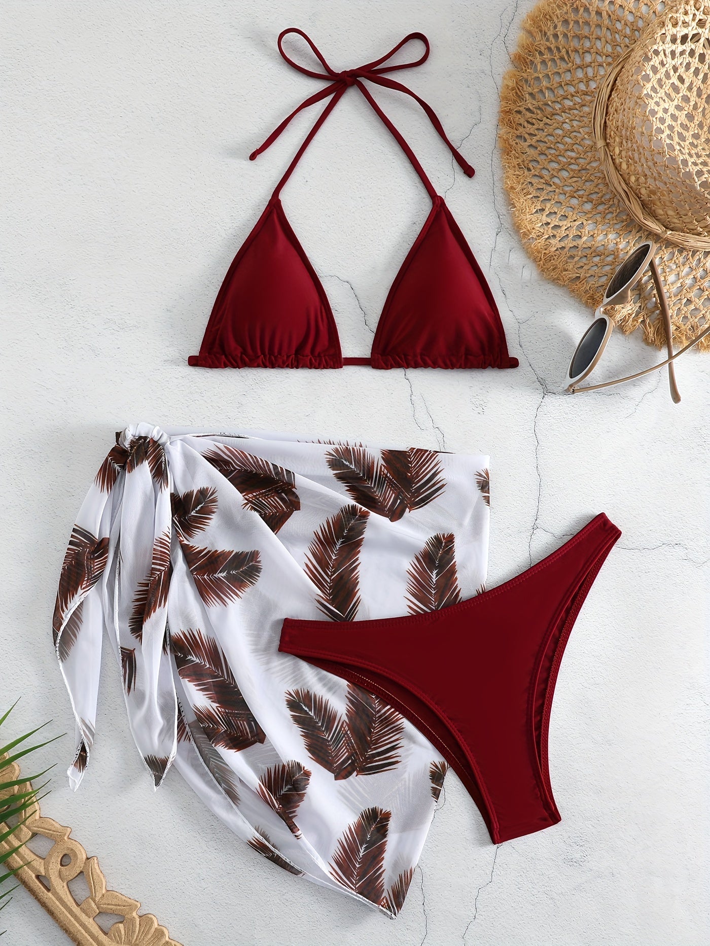 Feather Print Bikini Set Halter Neck Tie Back High Cut Cover Up Wrap Swimsuit