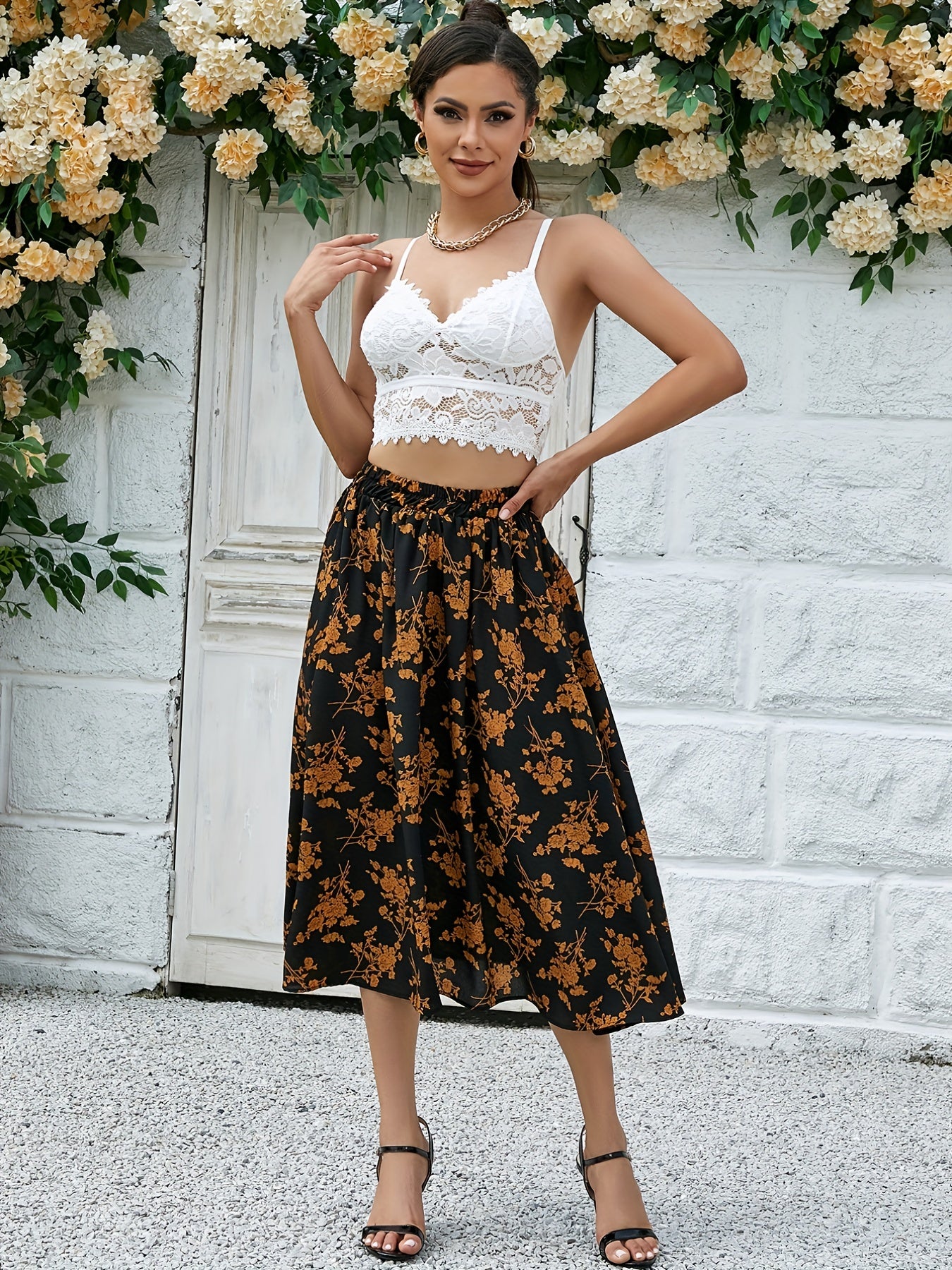 Floral Print Elastic Waist Vintage Skirt