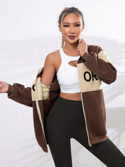 Letter Pattern Block Zip Up Jacket Casual Outerwear