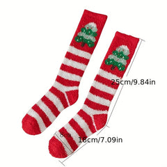 Christmas Print Calf Socks Fuzzy Knee High Socks Women's Stockings