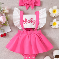 Baby Sweet Contrast Letter Print Flying Sleeve Romper Ruffled Dress