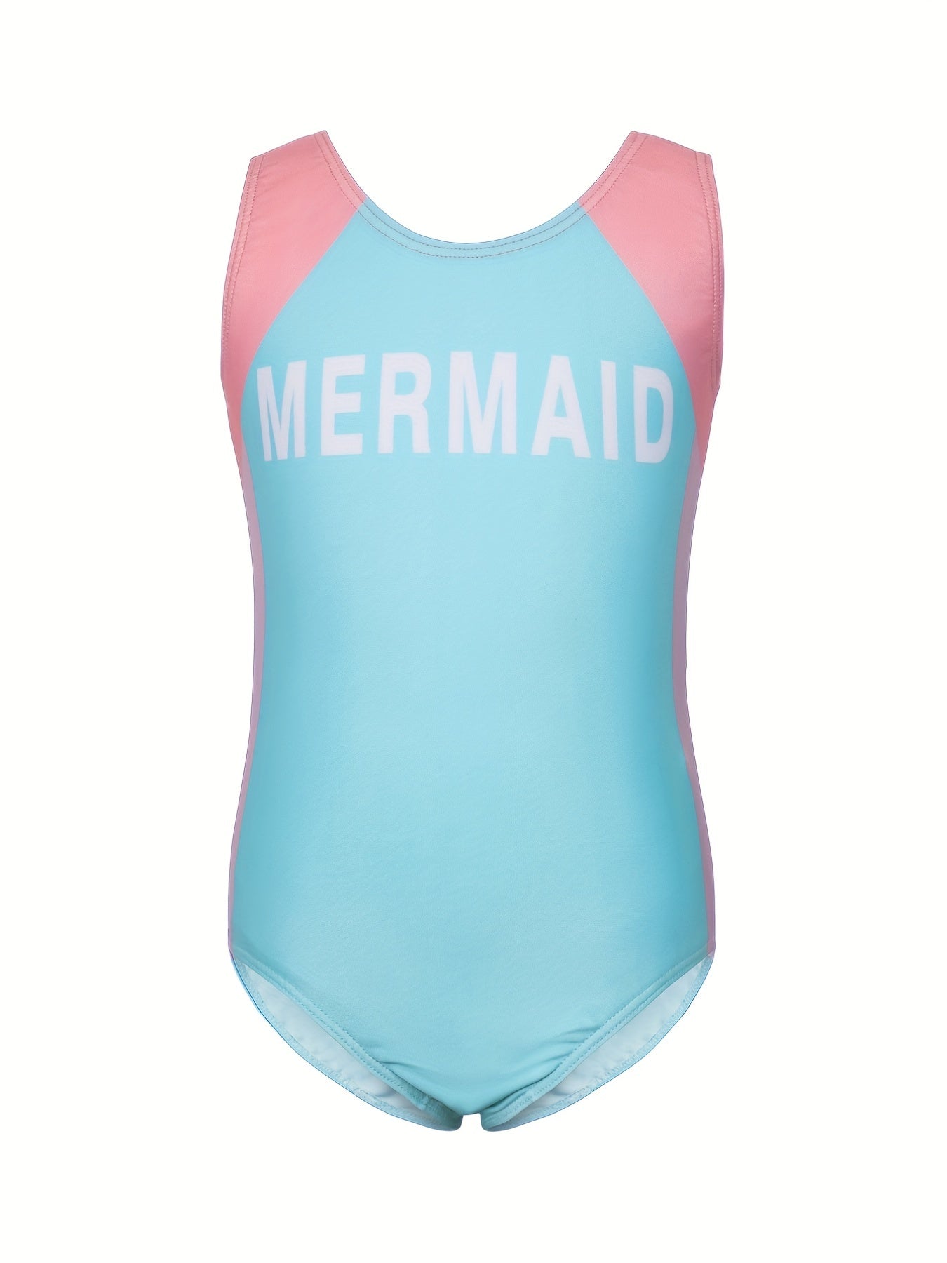 Girls Mermaid Print One piece Swimsuit Backless Colorblock Sports Swimsuit