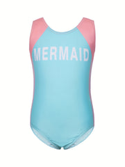 Girls Mermaid Print One piece Swimsuit Backless Colorblock Sports Swimsuit