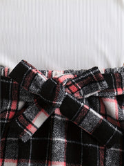 Girl's 3pcs Ribbed Top & Hat & Skirt Set Plaid Pattern Casual