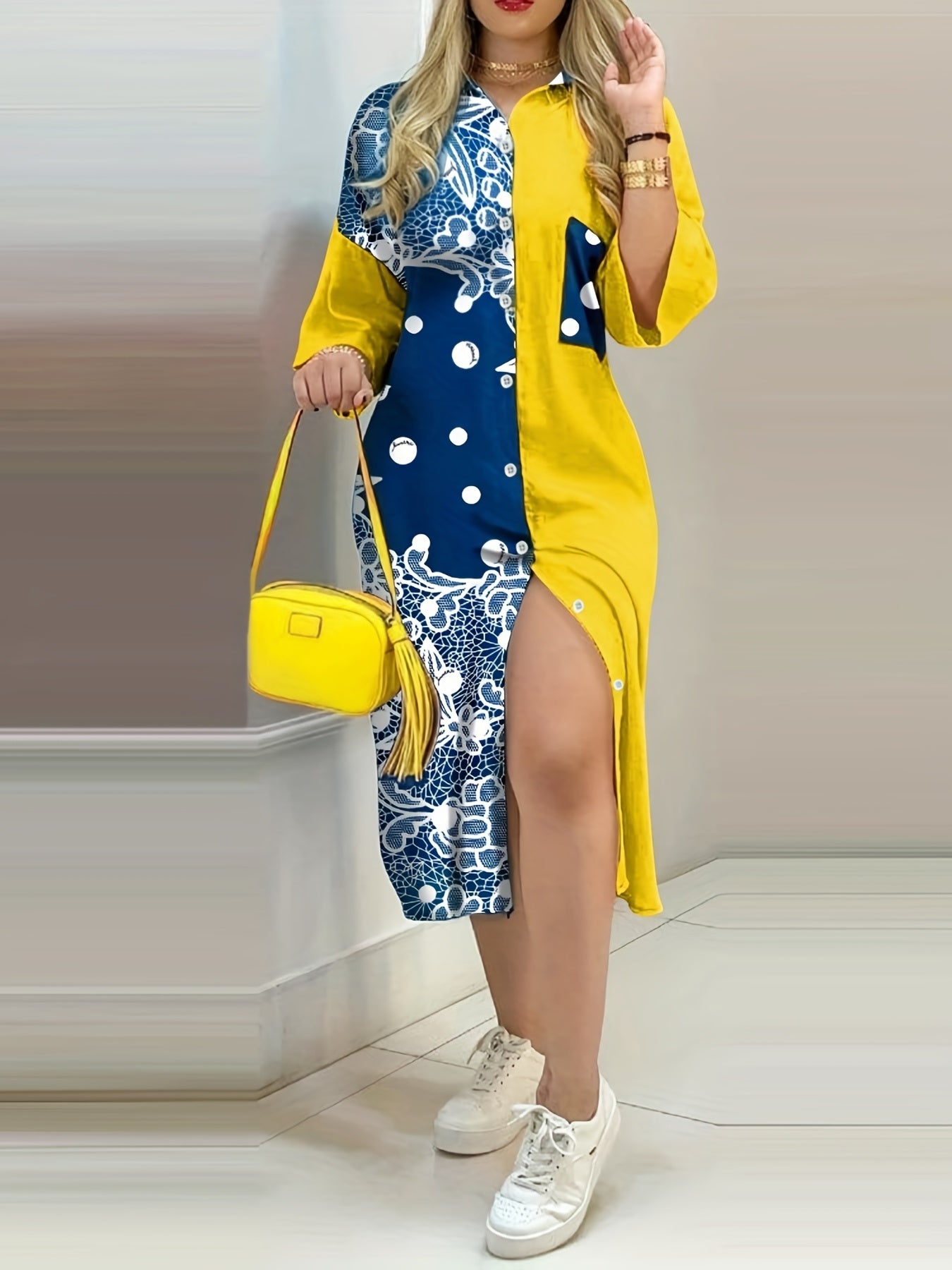 Colorblock Leopard Print Button Up Collar Midi Shirt Dress