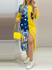 Colorblock Leopard Print Button Up Collar Midi Shirt Dress