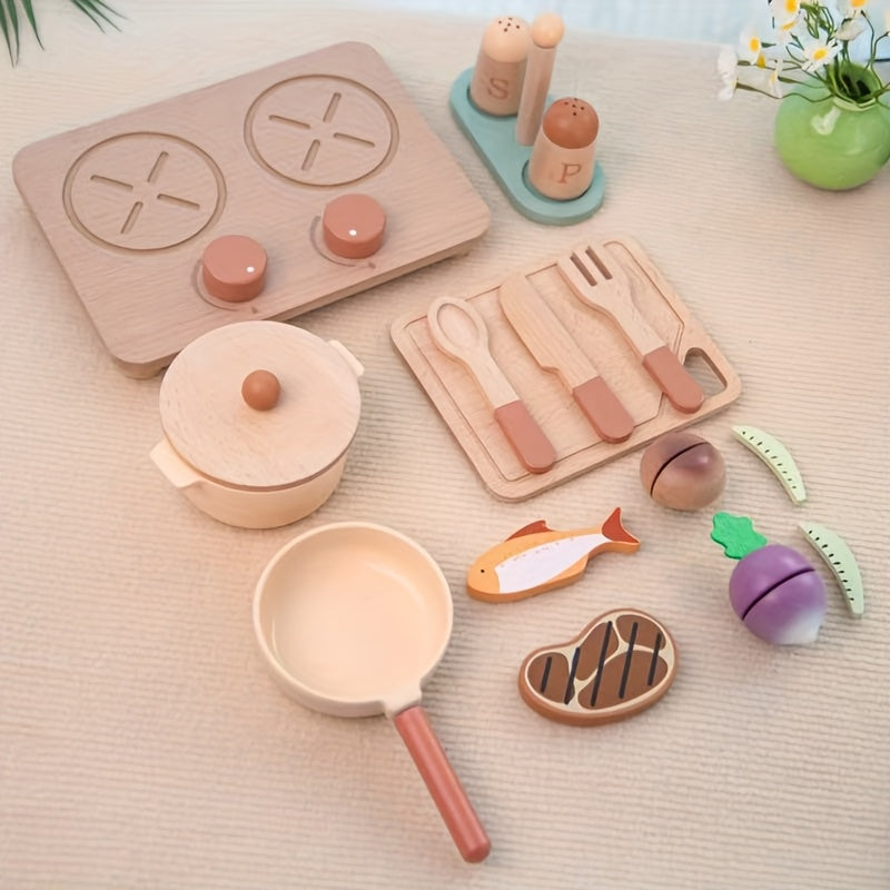 16pcs Wooden Kitchen Playset for Realistic Cooking Simulation
