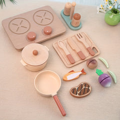 16pcs Wooden Kitchen Playset for Realistic Cooking Simulation