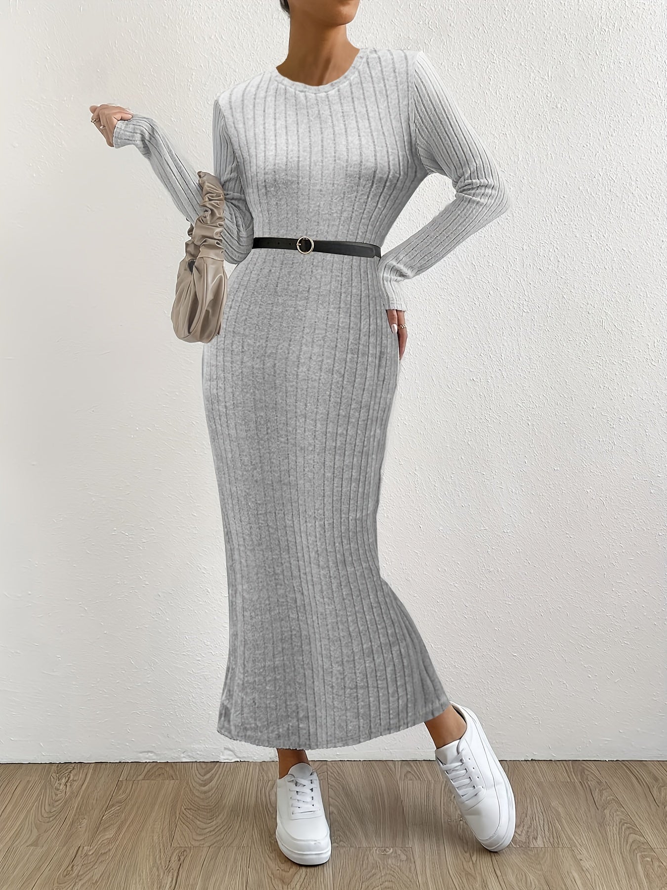 Solid Ribbed Dress Casual Crew Neck Long Sleeve Dress Women's Clothing