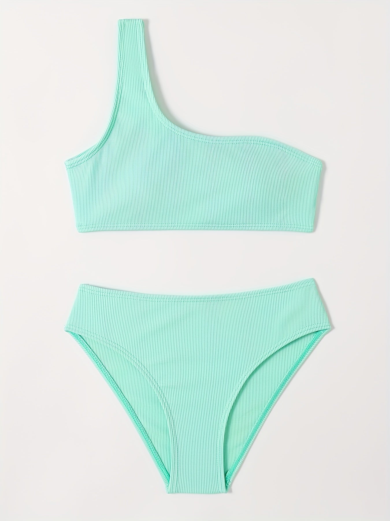 Girl's Solid Bikini Set One Shoulder Tank Top & Briefs