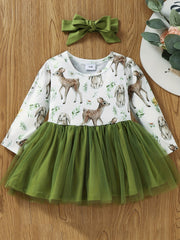 Baby Girl Cartoon Print Long Sleeve Mesh Dress Headband Set