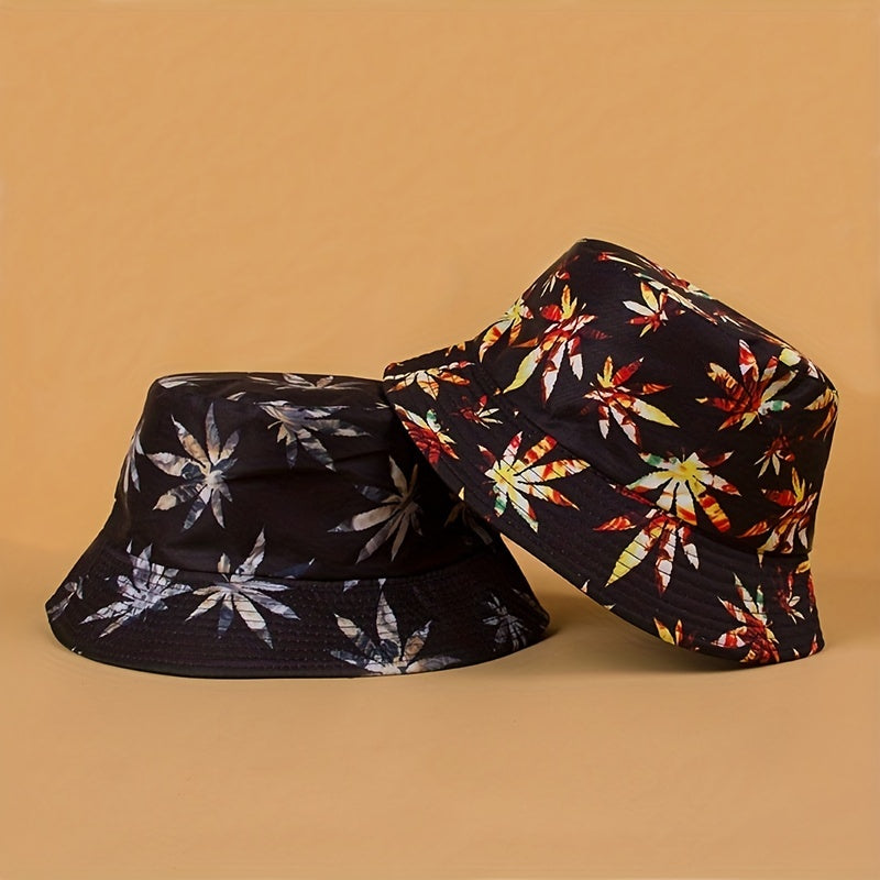 Leaf Print Bucket Hat Hip Hop Reversible Basin Hat Lightweight Sunscreen Fisherm