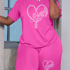 Women's Plus Rhinestone Letter Heart Tee & Shorts 2pcs Set