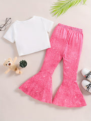 Cartoon Bear Graphic T shirt & Flared Pants Set For Kids