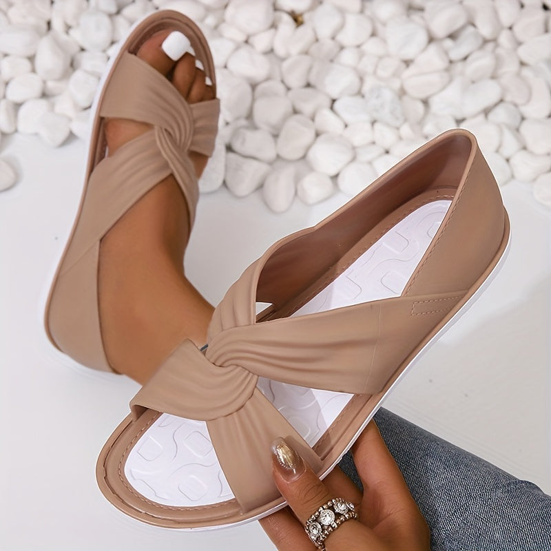 Women's Cross Straps Ruched Sandals Open Toe Slides Flat Shoes