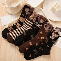 5 Pairs Bear & Bow Print Socks Women's Mid Tube Stockings