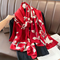 Leaf Print Satin Scarf Silk Shawl Women Head Wrap