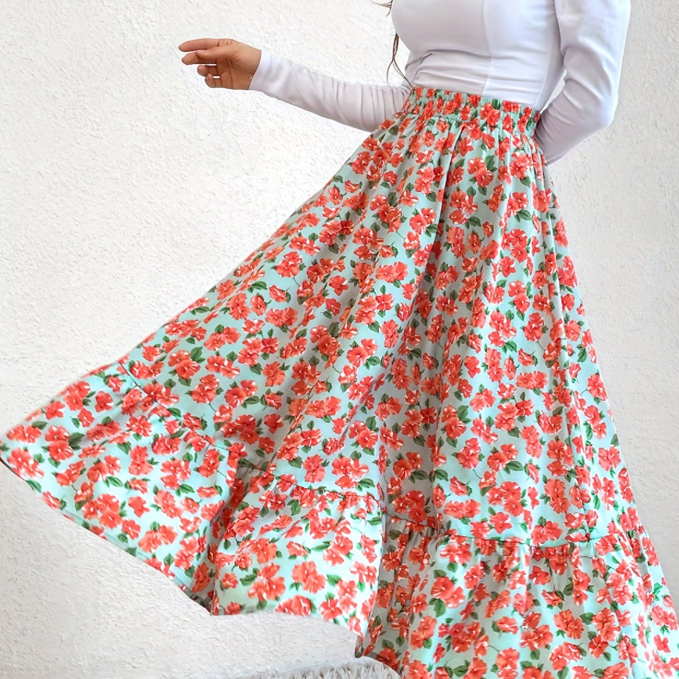 Floral Print Elastic Waist Skirt Casual Skirt For Spring & Summer