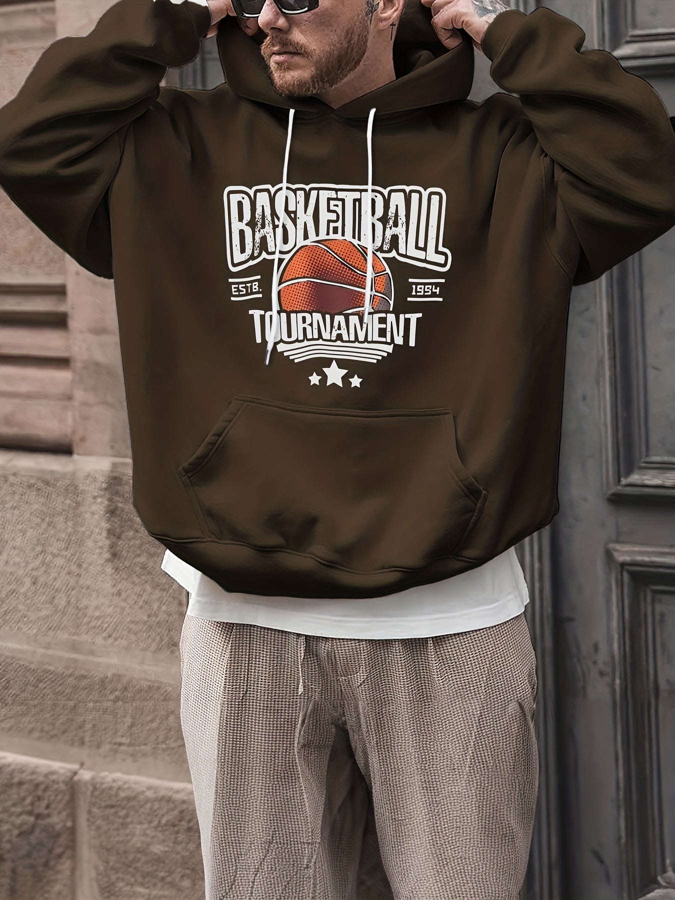 Basketball & Letter Print Hoodies For Men Graphic Sweatshirt Hooded Pullover