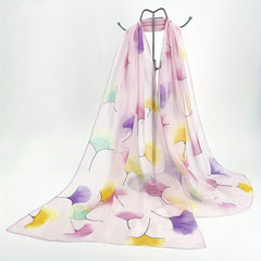 Ginkgo Leaf Print Chiffon Scarf Silk Shawl Windproof Head Wrap