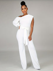 One Shoulder Jumpsuit Long Sleeve Knot Long Length