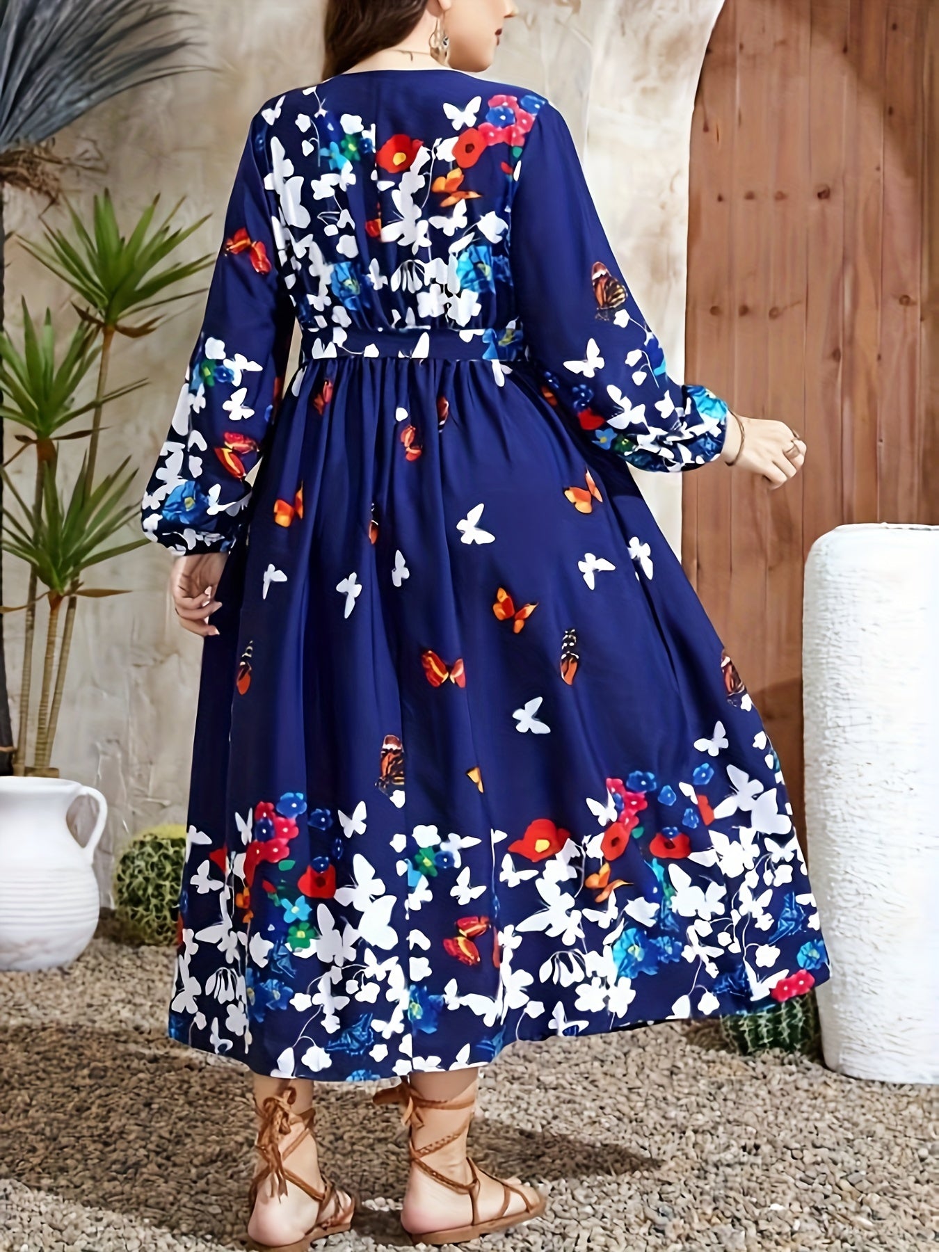 Women's Plus Butterfly & Floral Print Long Sleeve Round Neck Maxi Dress