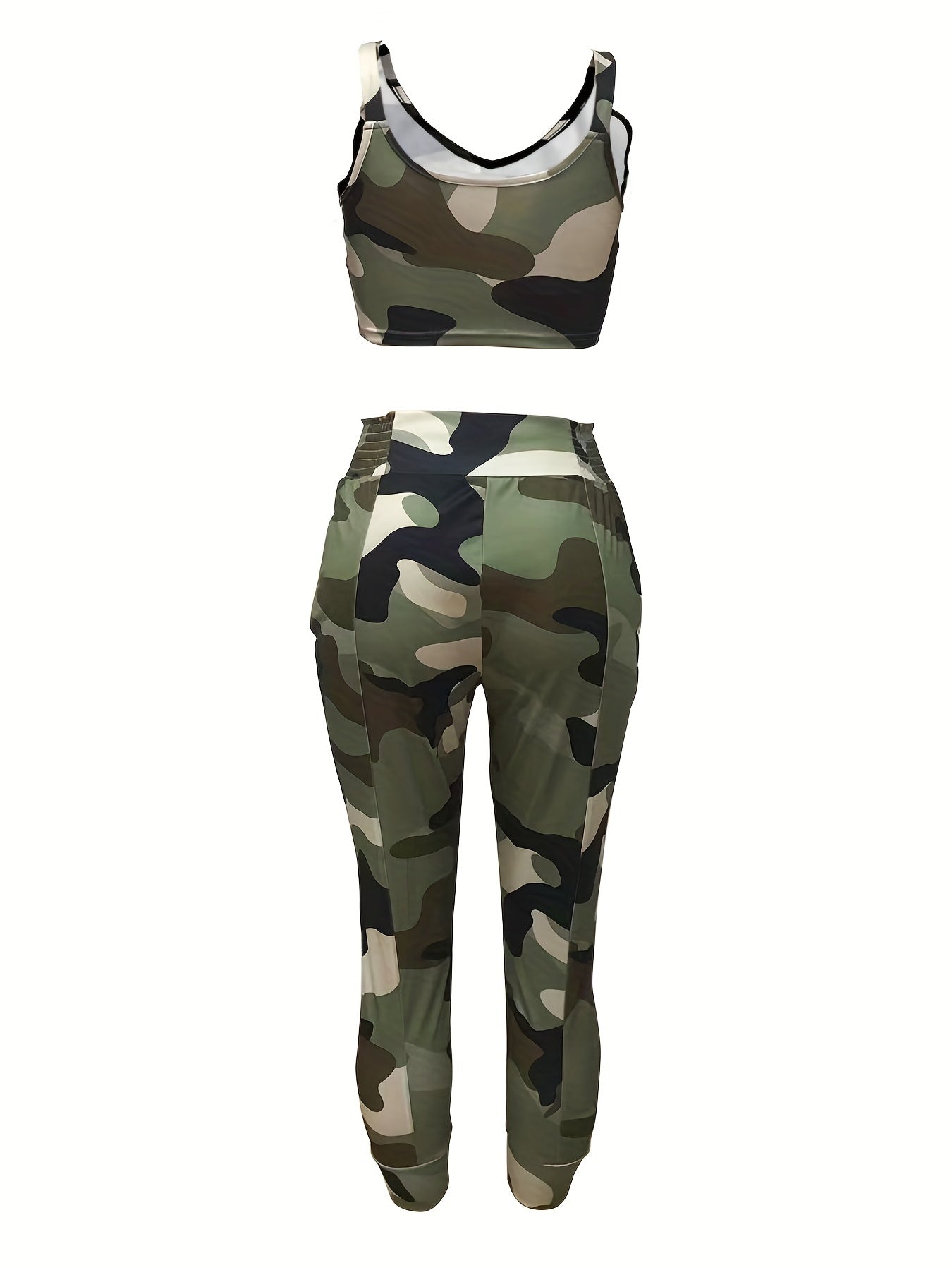 Camo Print Sexy Two piece Set V Neck Sleeveless Top & High Waist Pants