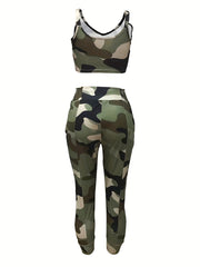 Camo Print Sexy Two piece Set V Neck Sleeveless Top & High Waist Pants