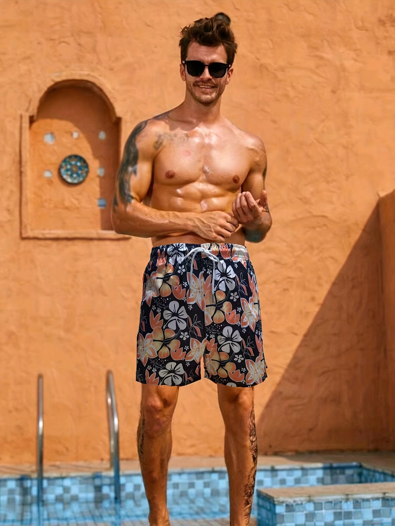 Men s Casual Booming Flowers Graphic Print Beach Shorts