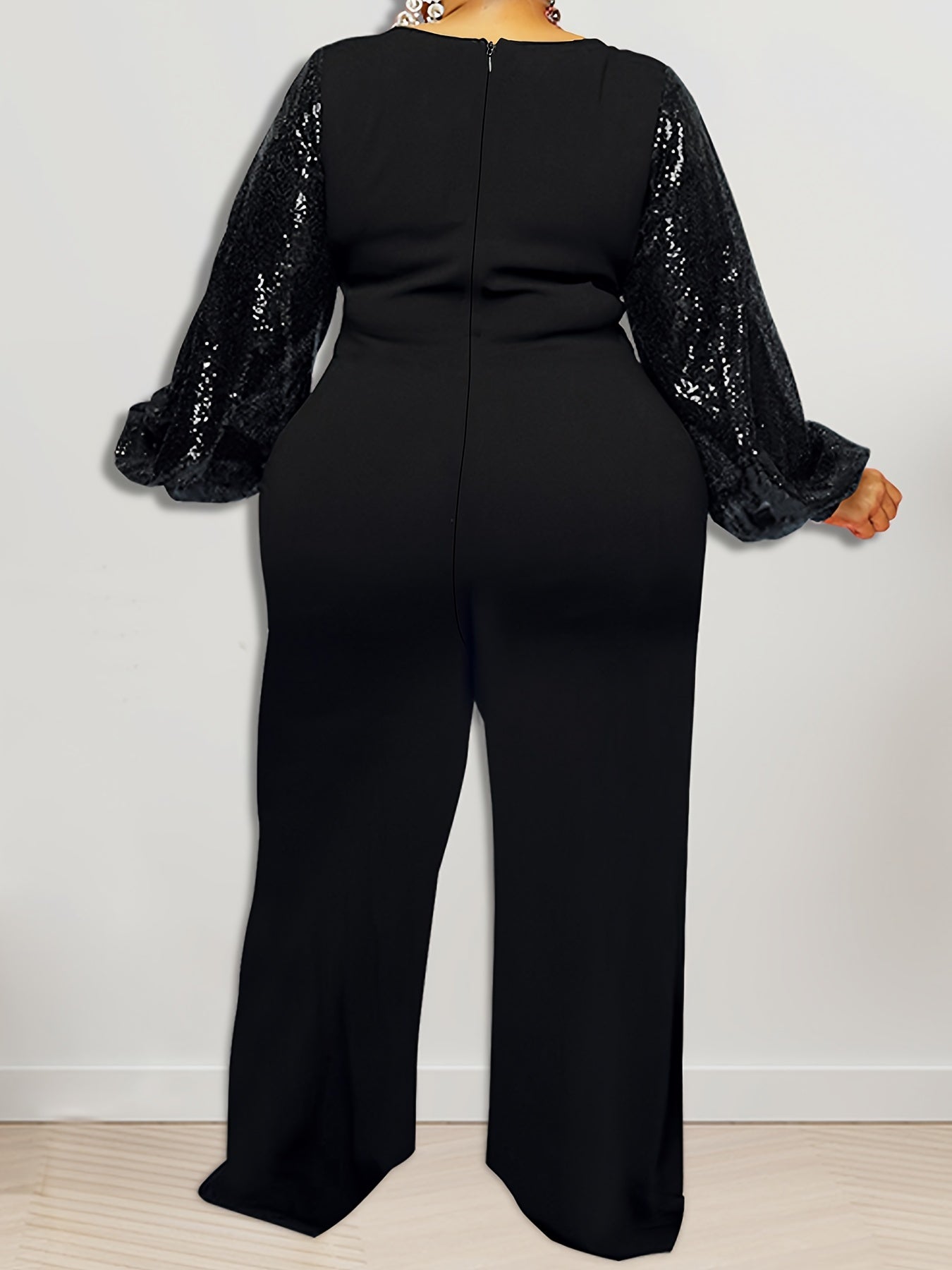 Contrast Sequin Sleeve Wide Leg Jumpsuit Plus Size High Stretch Party Jumpsuit