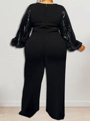 Contrast Sequin Sleeve Wide Leg Jumpsuit Plus Size High Stretch Party Jumpsuit