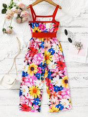 Toddler Girls Flowers Graphic Belted Cami Rompers Wide Leg Jumpsuits