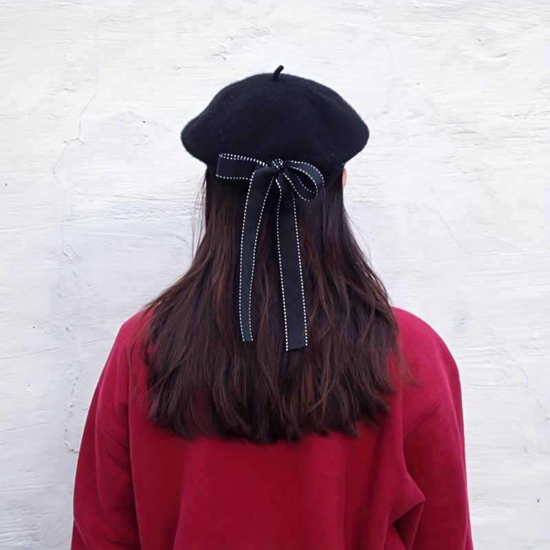 Ribbon Bowknot Decor Beret Cap Lightweight Painter Warm Beret