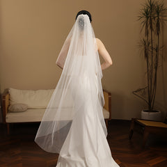 Vintage Double Layered Long Wedding Veil with Hand Embellished Sheer Bridal Veil