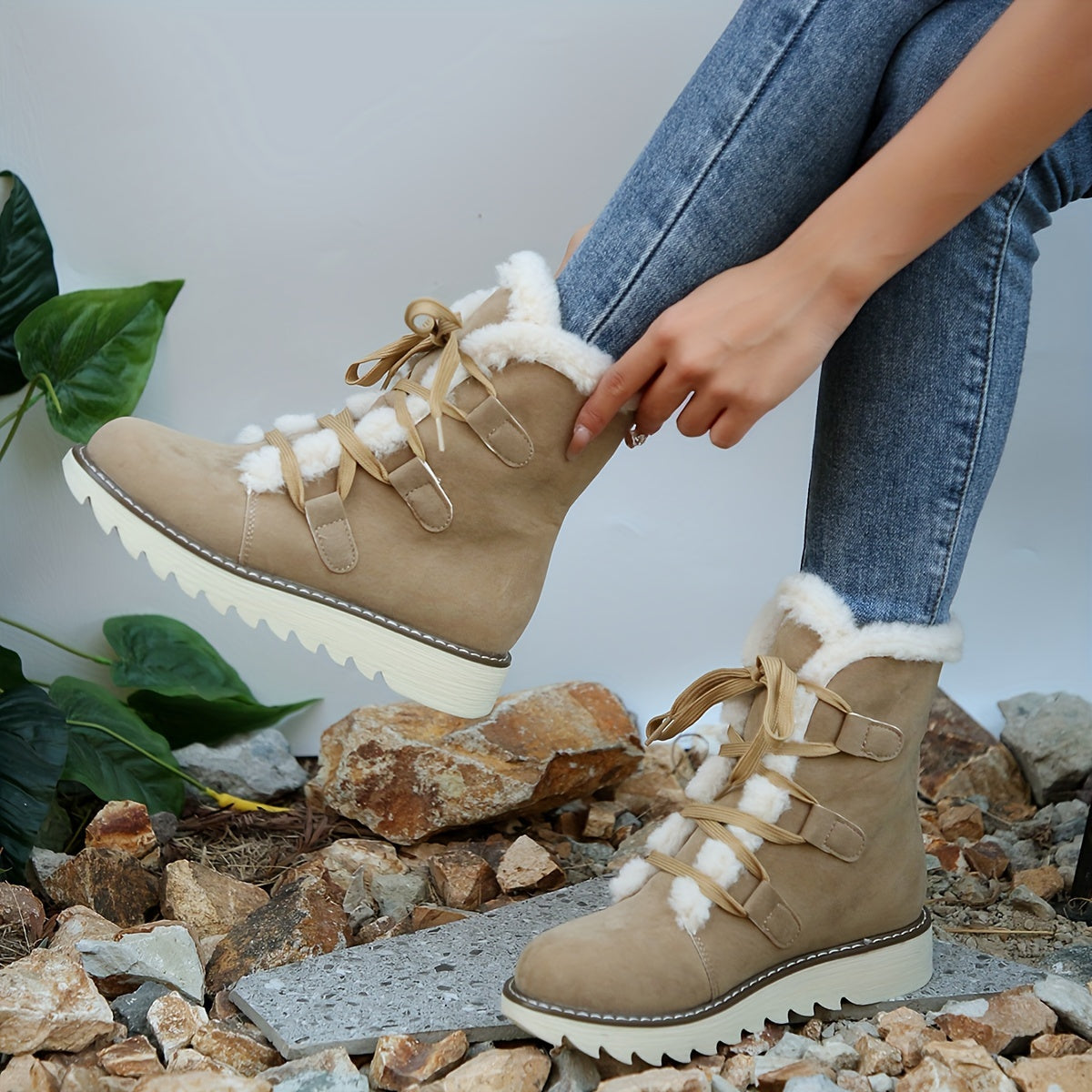 Women's Plush Inner Snow Boots Lace up Waterproof Mid Calf Comfortable Non slip