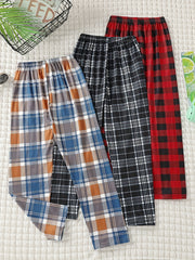 3pcs Boys Casual Plaid Straight Loose Long Pants for Spring & Autumn