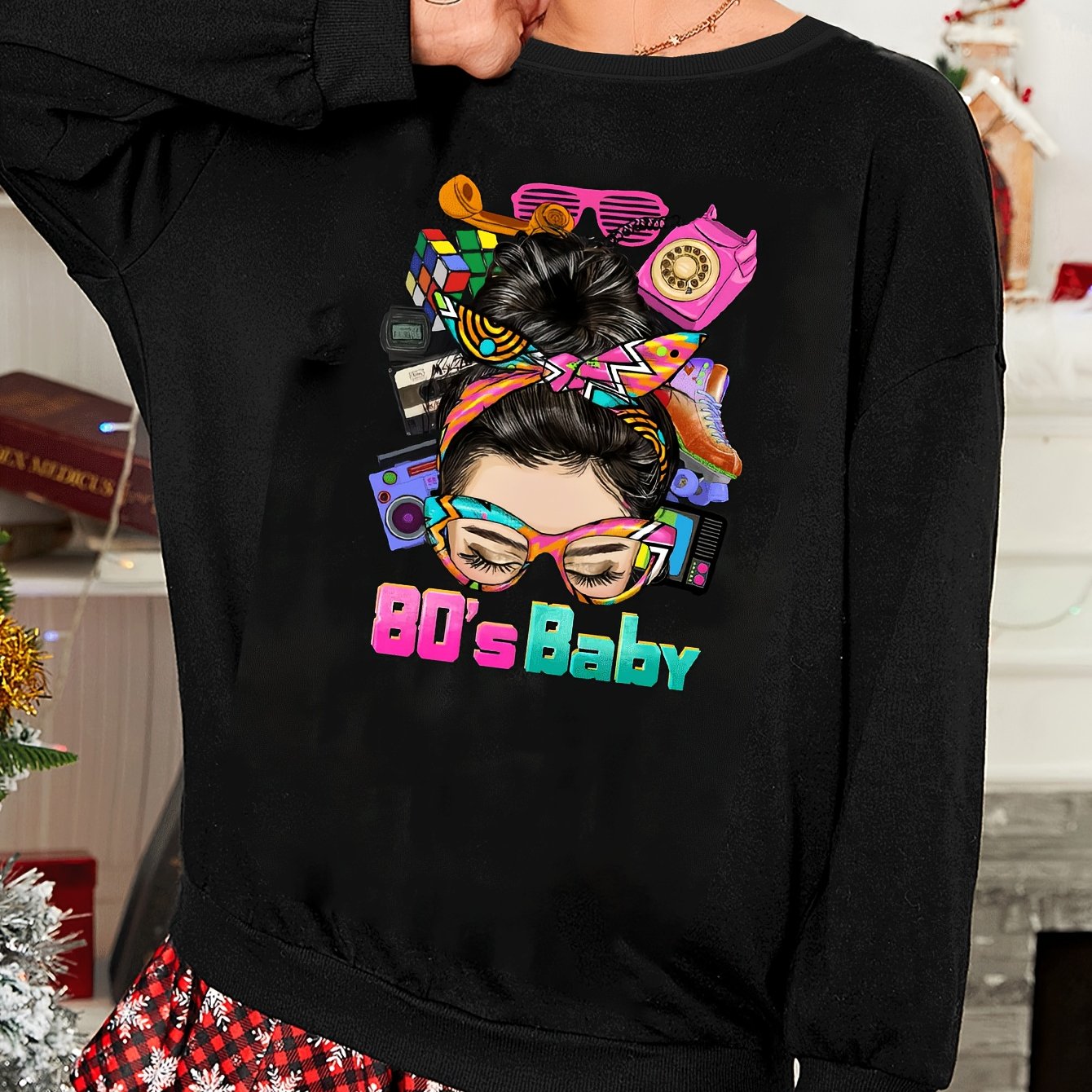 Lounge Top Women's Round Neck Long Sleeve Cartoon Print Tee