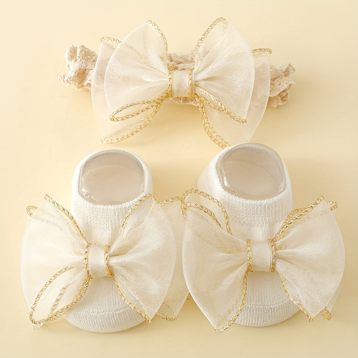 Golden Edge Large Lace Knot Ankle Socks with Baby Hairband