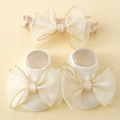 Golden Edge Large Lace Knot Ankle Socks with Baby Hairband