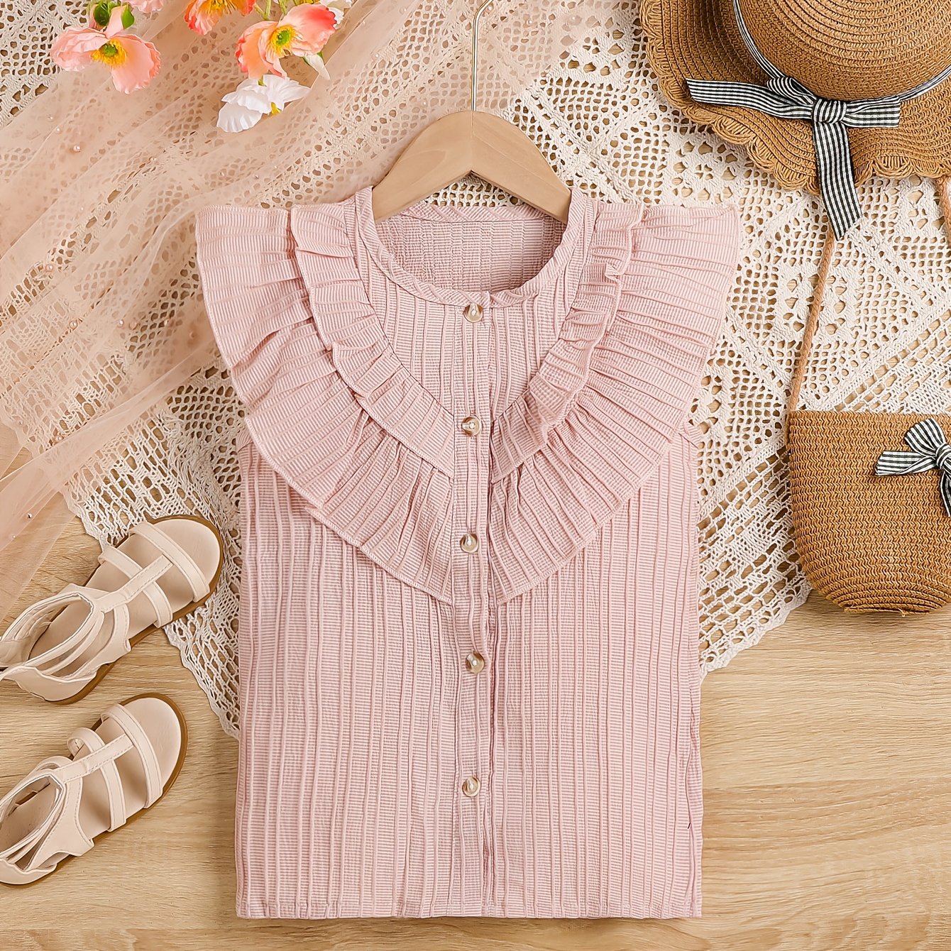 Girls Ruffle Trim Sleeveless Blouses Button Down Shirts Casual Summer Tops