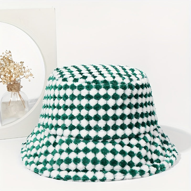 Green Plaid Plush Bucket Hat for Women & Men