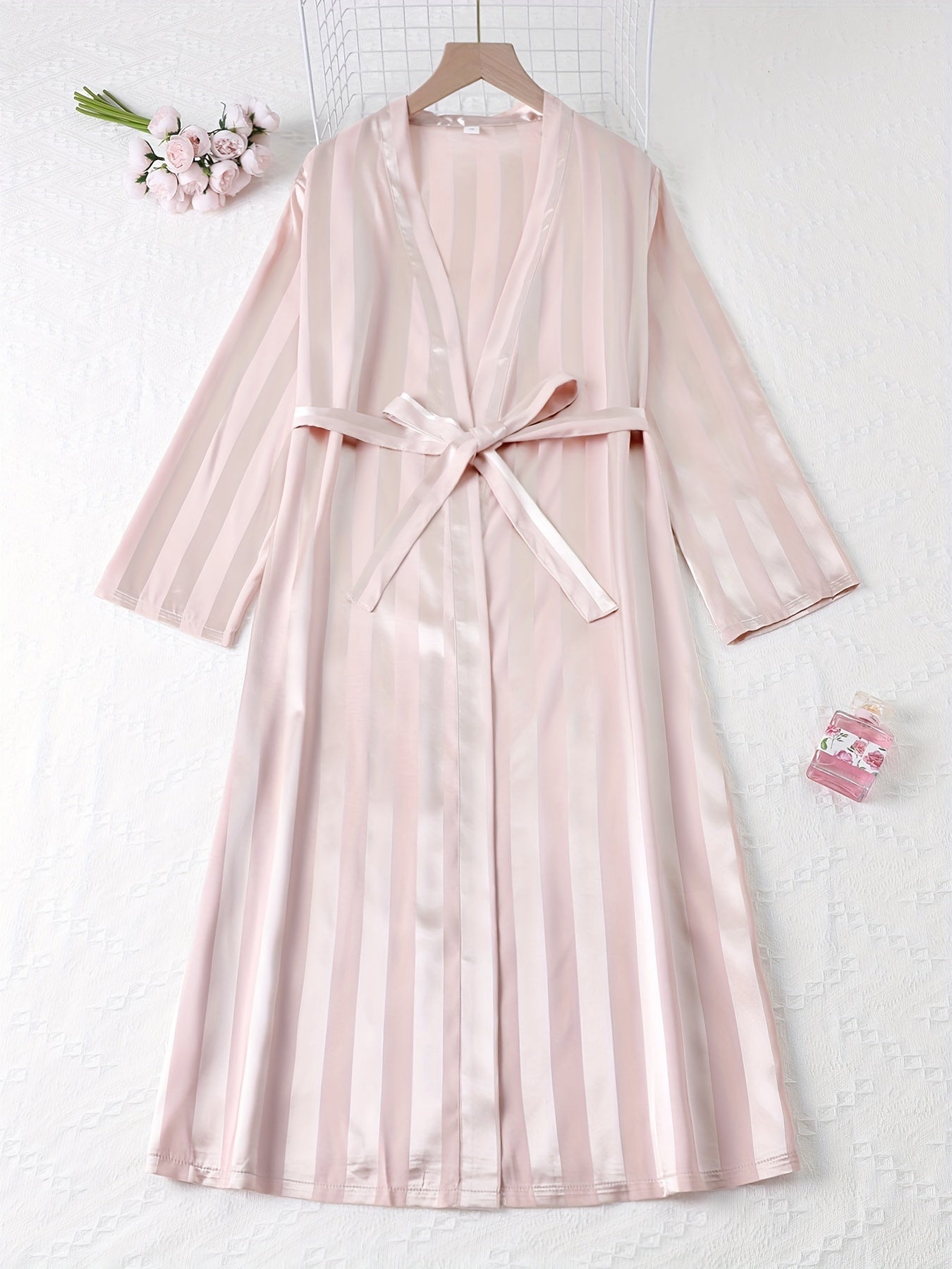 Striped Satin Night Robe Long Sleeve V Neck Robe With Belt
