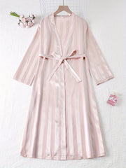 Striped Satin Night Robe Long Sleeve V Neck Robe With Belt
